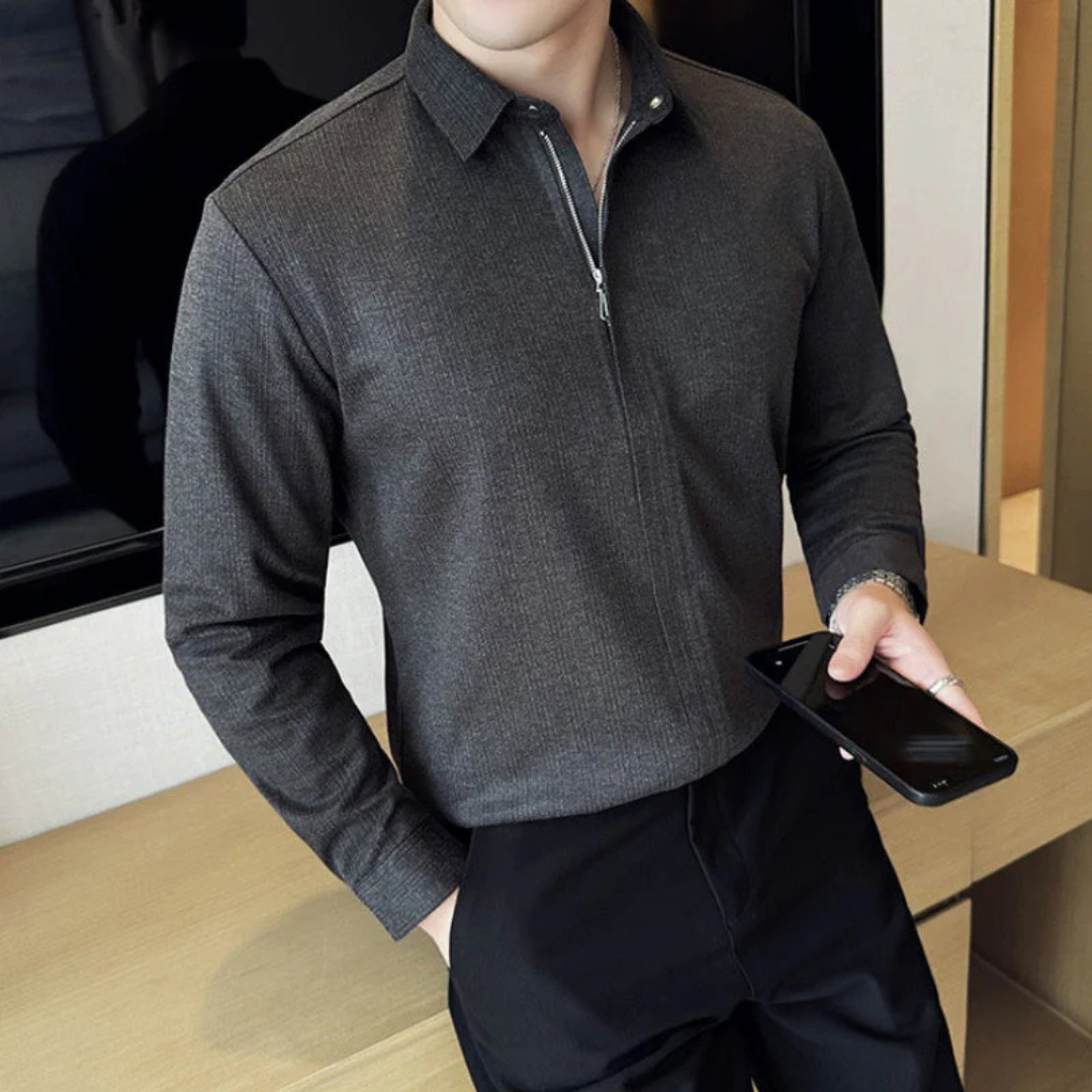 Camisa de Solapa de Color liso para Hombre con Cierre de Cremallera
