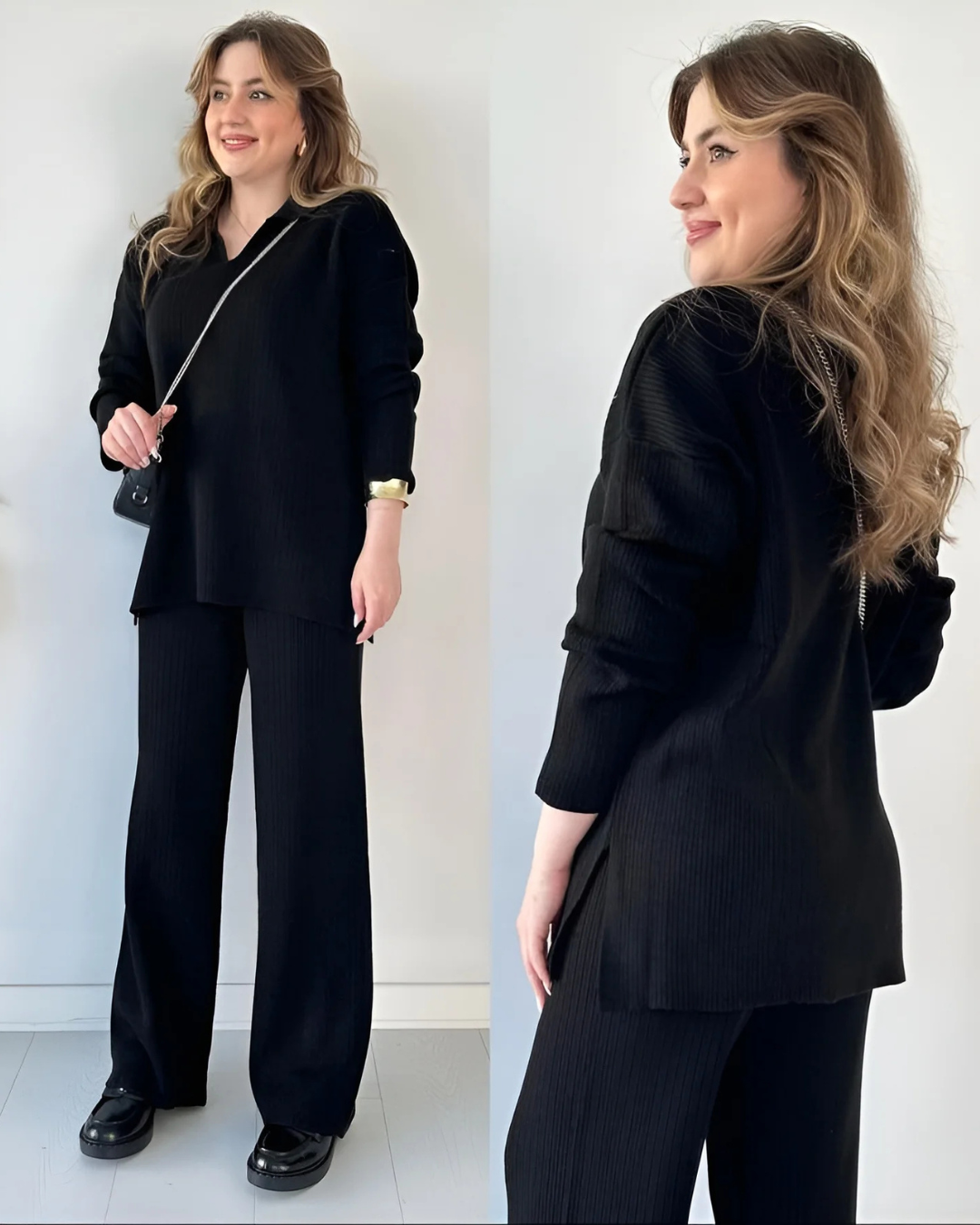 Conjunto de Suéter Informal Holgado de Punto de Manga Larga y Pantalón Ancho