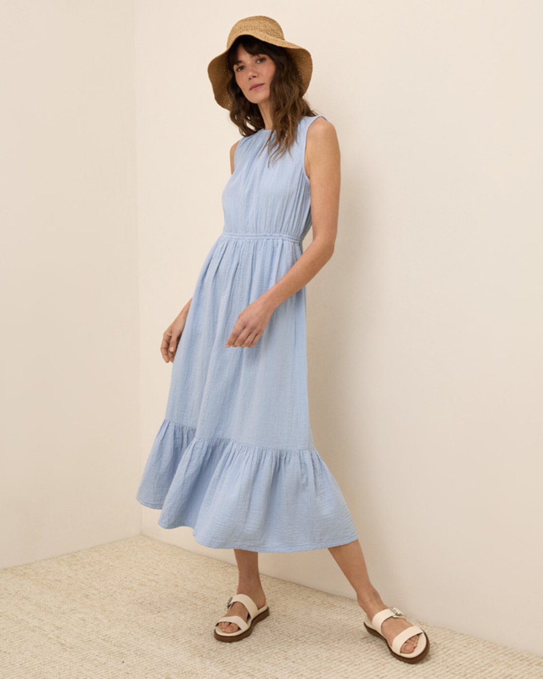 Vestido sin Mangas para Mujer en Lino con Volantes Ligero