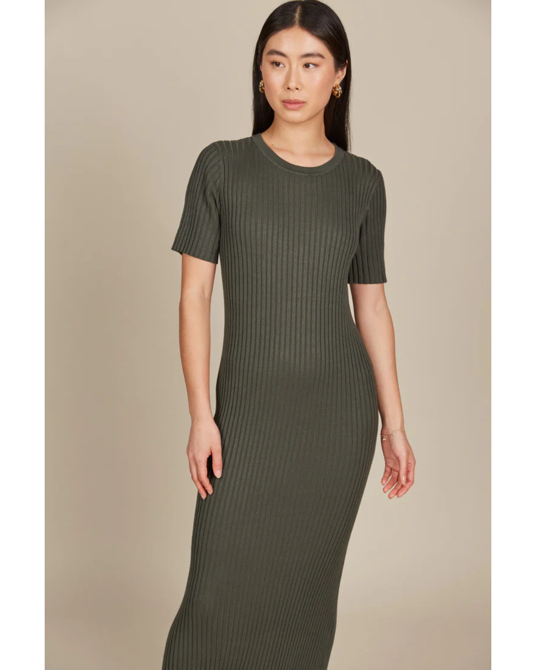 Vestido Largo de Manga Corta con Canalé para Mujer