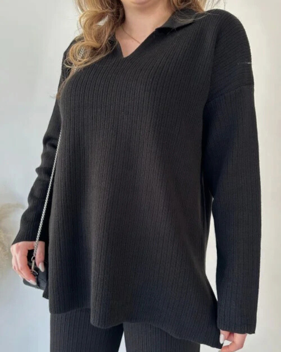 Conjunto de Suéter Informal Holgado de Punto de Manga Larga y Pantalón Ancho