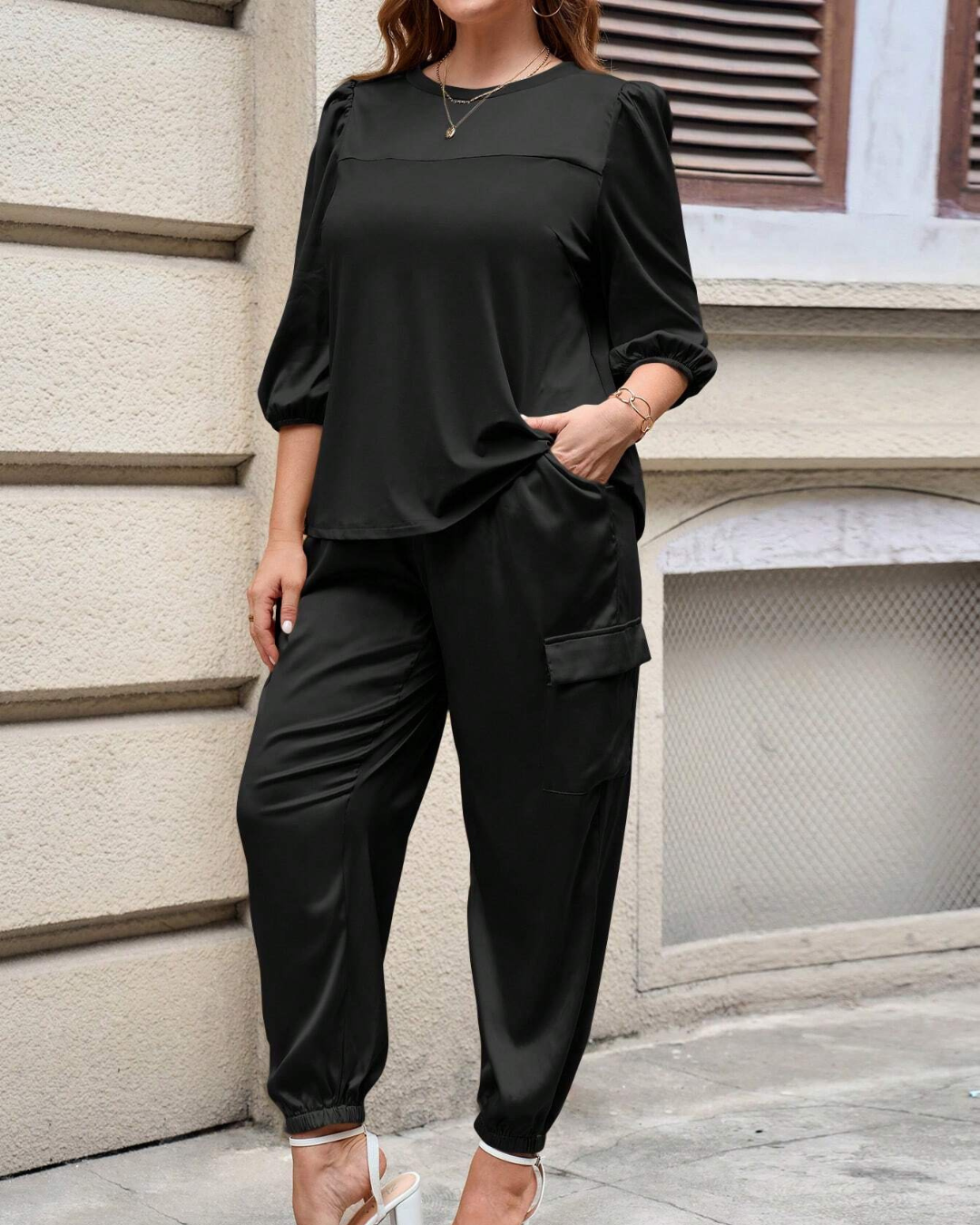 Conjunto Casual de Verano para Mujer de 2 Piezas con Camisa de Manga 3/4 y Pantalón Capri con Cordón de Ajuste