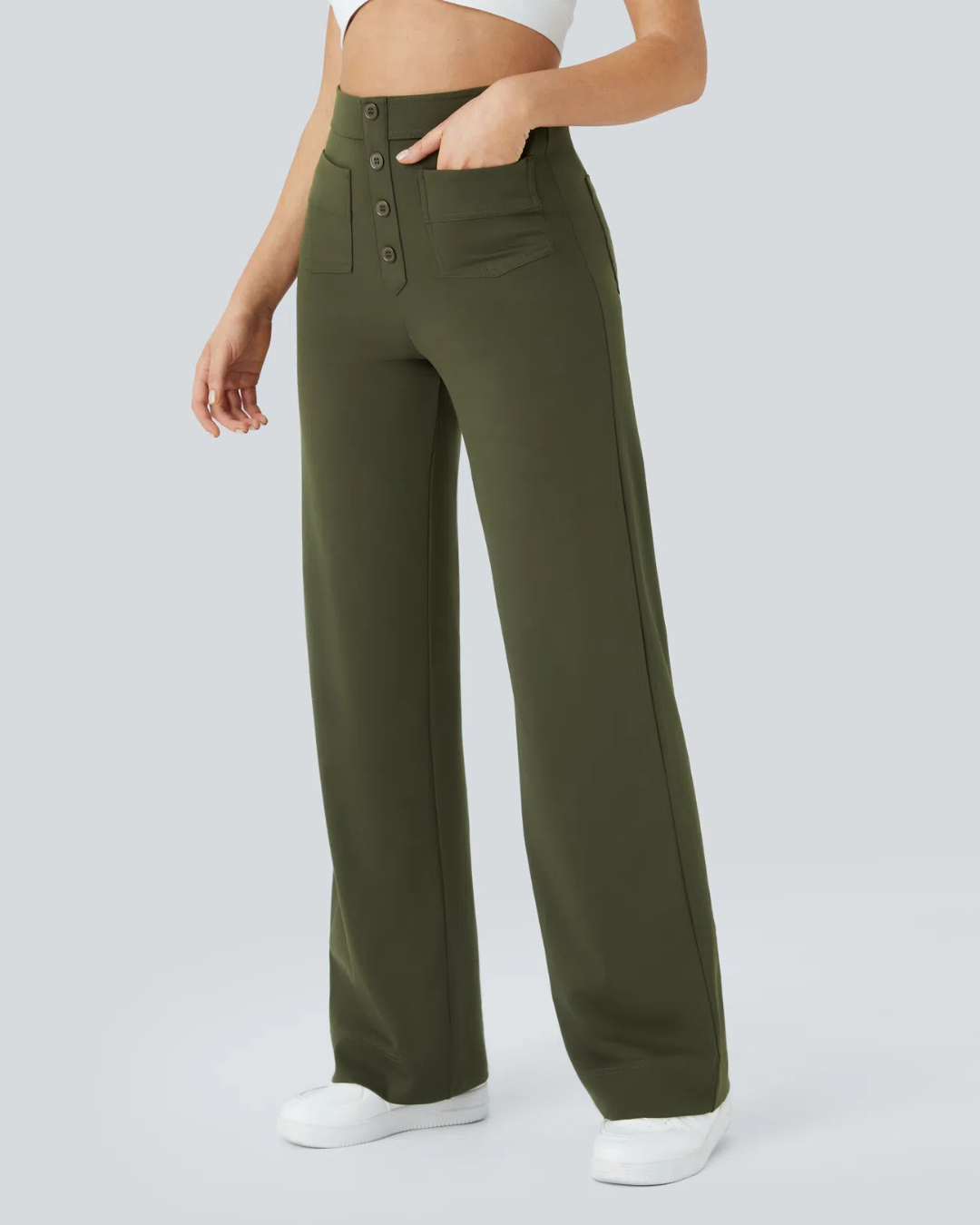 Pantalón Recto de Talle Alto con Botones Decorativos y Bolsillos Delanteros de Estilo Práctico