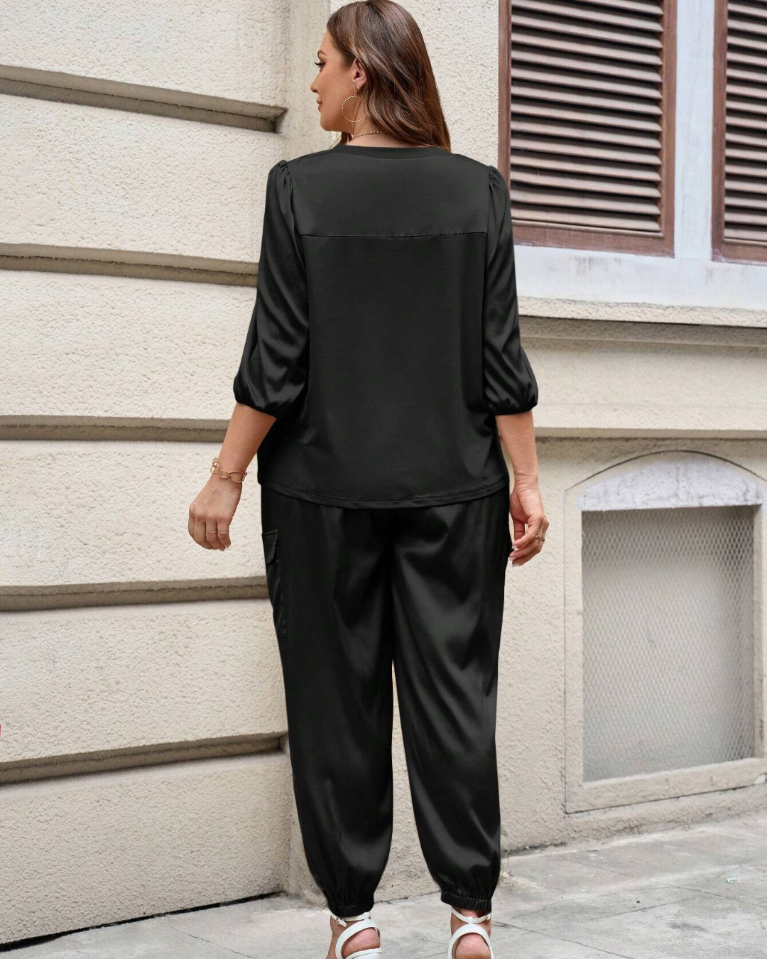 Conjunto Casual de Verano para Mujer de 2 Piezas con Camisa de Manga 3/4 y Pantalón Capri con Cordón de Ajuste