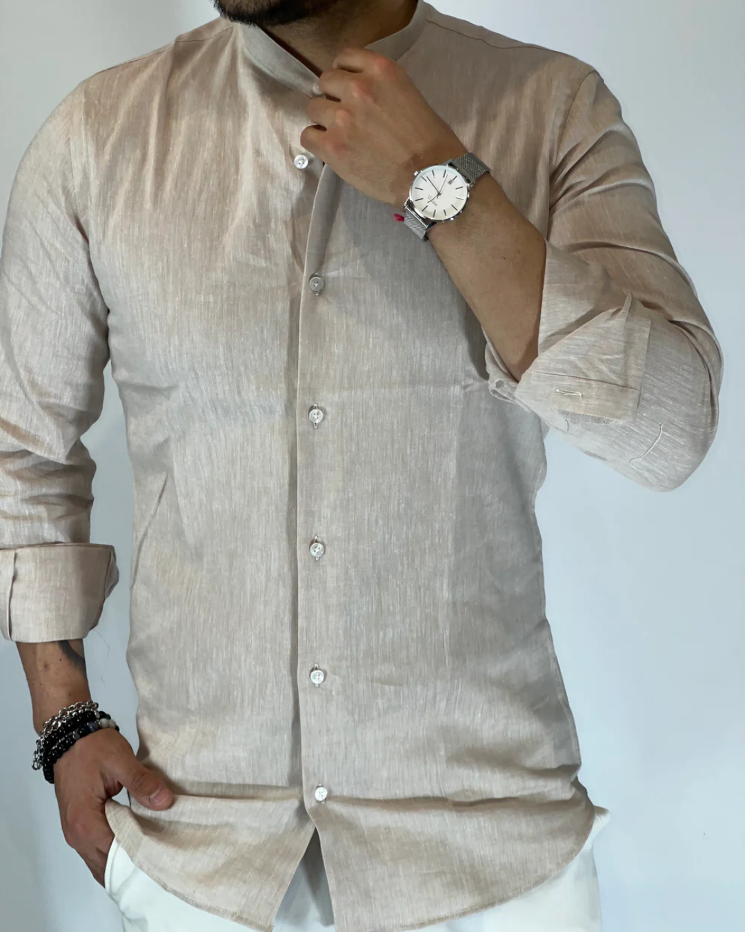 Camisa de Lino con Cuello Mao para Hombre