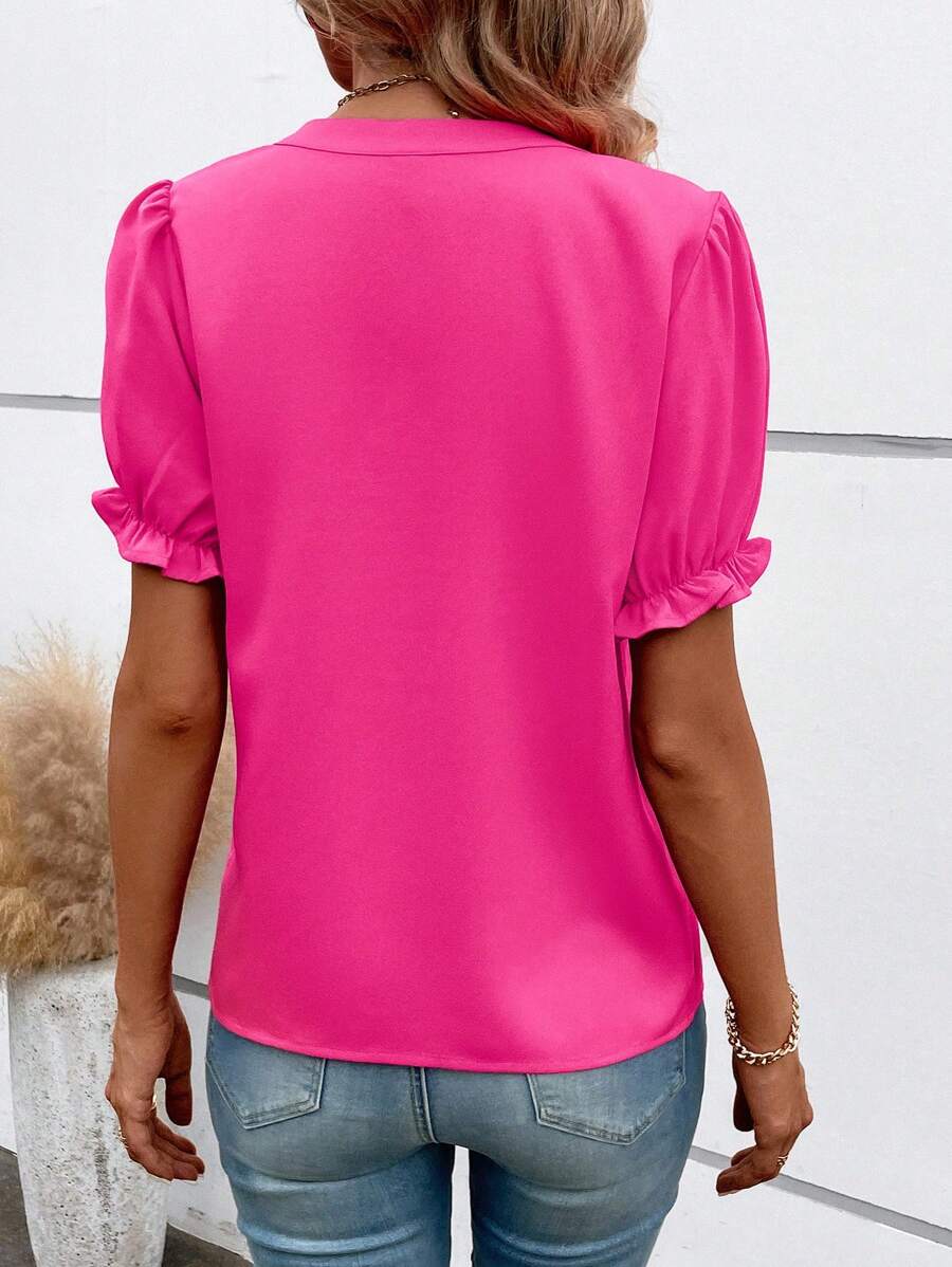 Camisa De Mujer Con Cuello En V Y Manga Abullonada