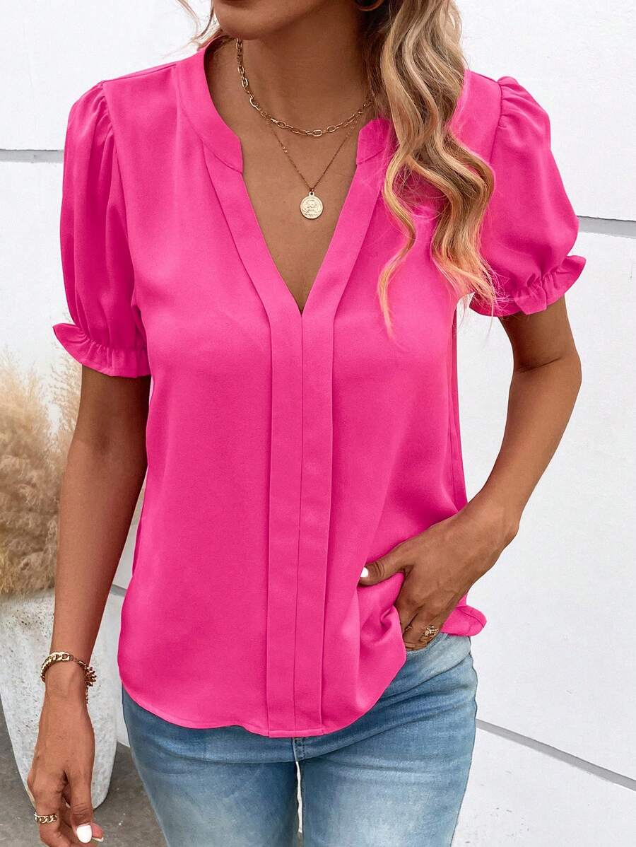 Camisa De Mujer Con Cuello En V Y Manga Abullonada