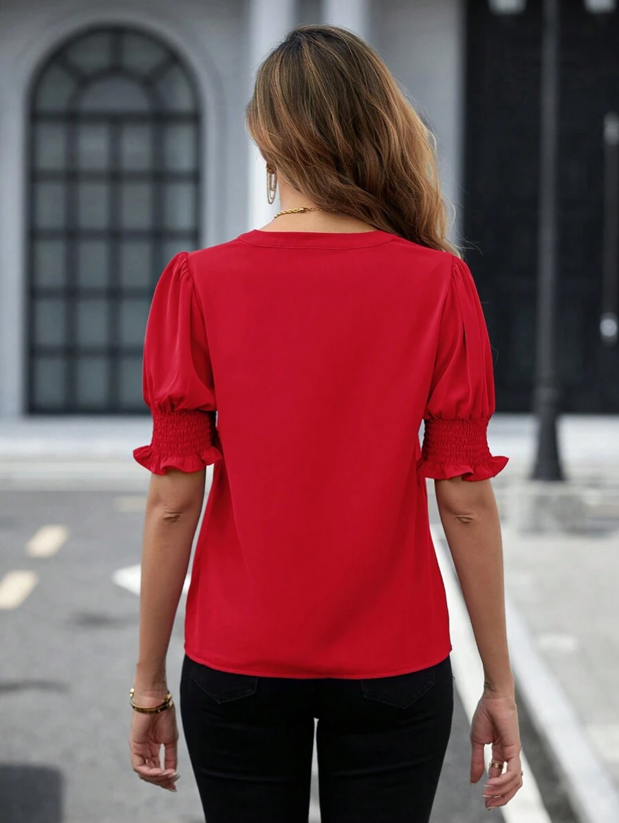 Camisa De Mujer Con Cuello En V Y Manga Abullonada