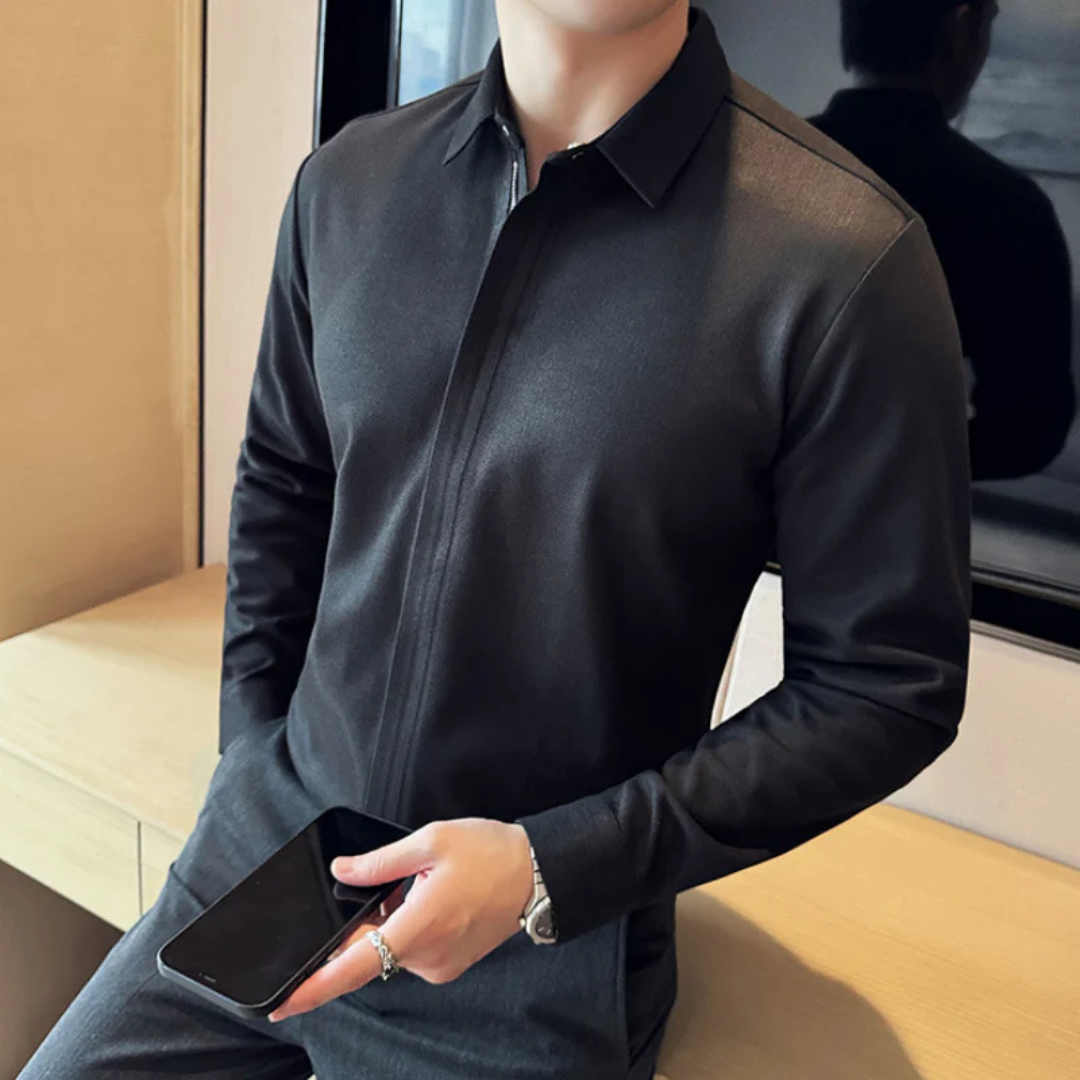 Camisa de Solapa de Color liso para Hombre con Cierre de Cremallera
