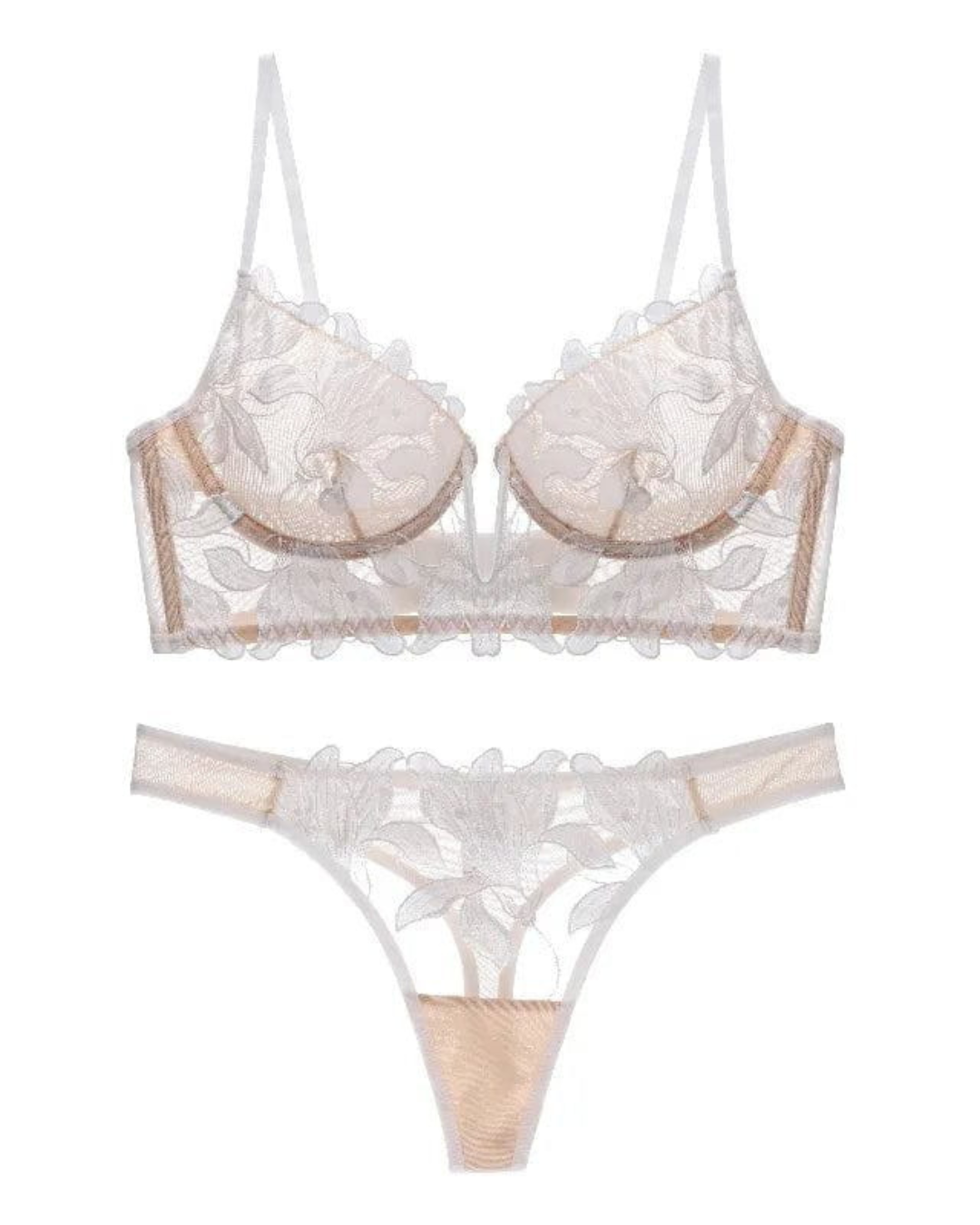 Conjunto de Lencería de Encaje Floral con Sujetador de Copa Estructurada y Tanga a Juego