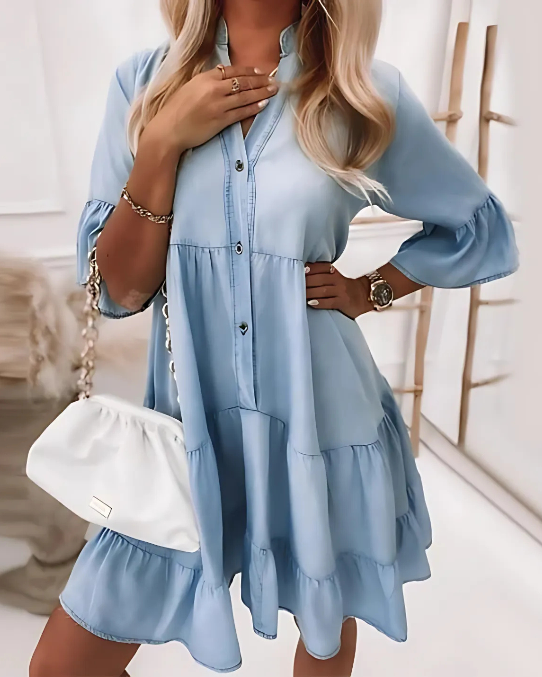 Vestido de Verano con Cuello en V y Manga de Volantes