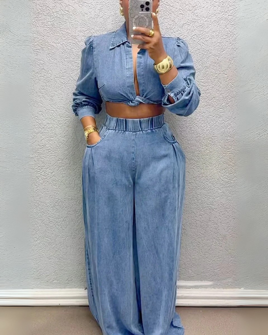 Conjunto formal de mujer con top de manga larga y pantalón ancho
