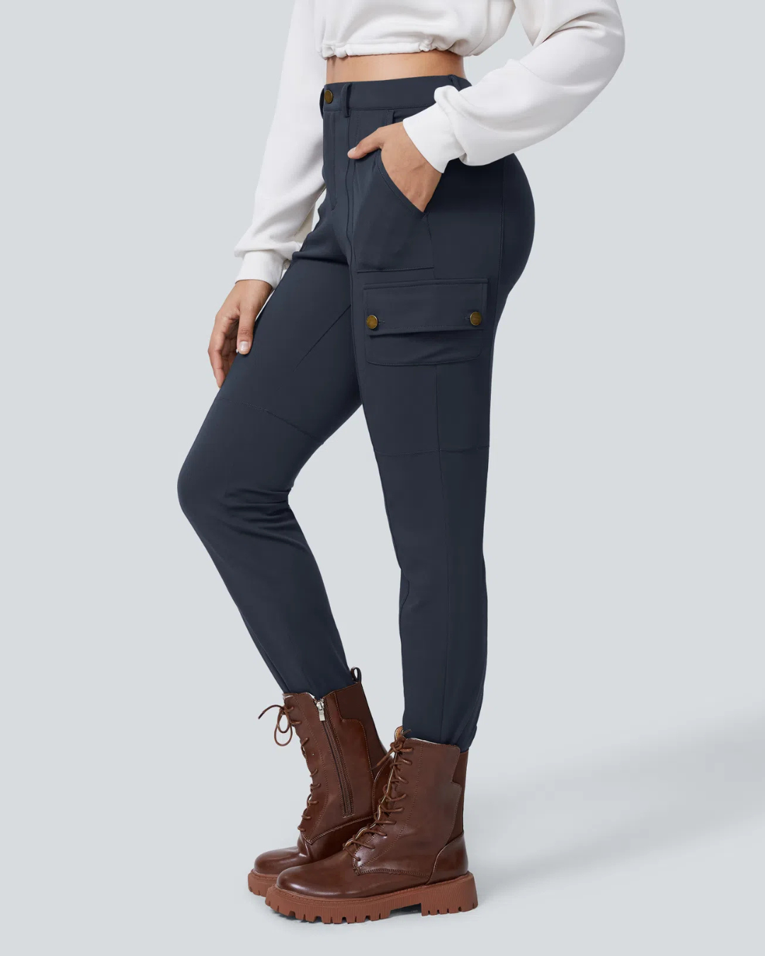 Pantalon Ajustado Plano de Mujer con Cintura Alta y Varios Bolsillos