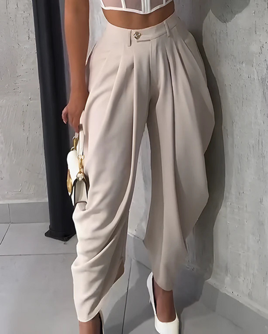 Pantalones informales de cintura alta y fruncido suelto para mujer