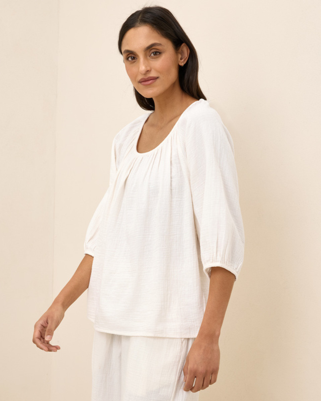 Blusa de Tejido de Doble Gasa y Cuello Redondo Ligera y Natural
