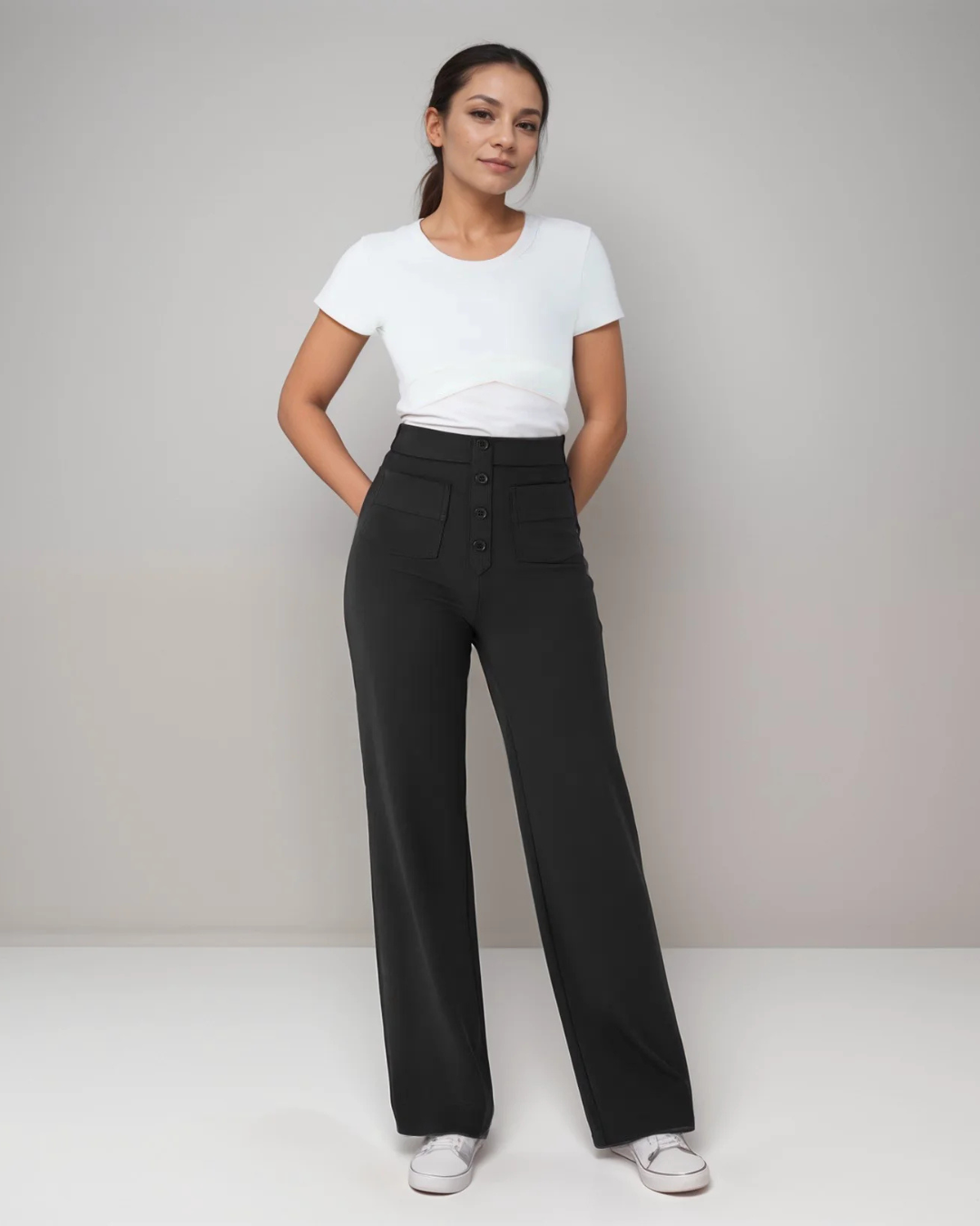 Pantalón Recto de Talle Alto con Botones Decorativos y Bolsillos Delanteros de Estilo Práctico