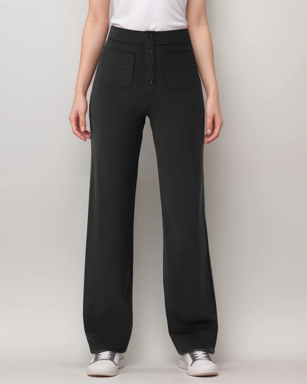 Pantalón Recto de Talle Alto con Botones Decorativos y Bolsillos Delanteros de Estilo Práctico
