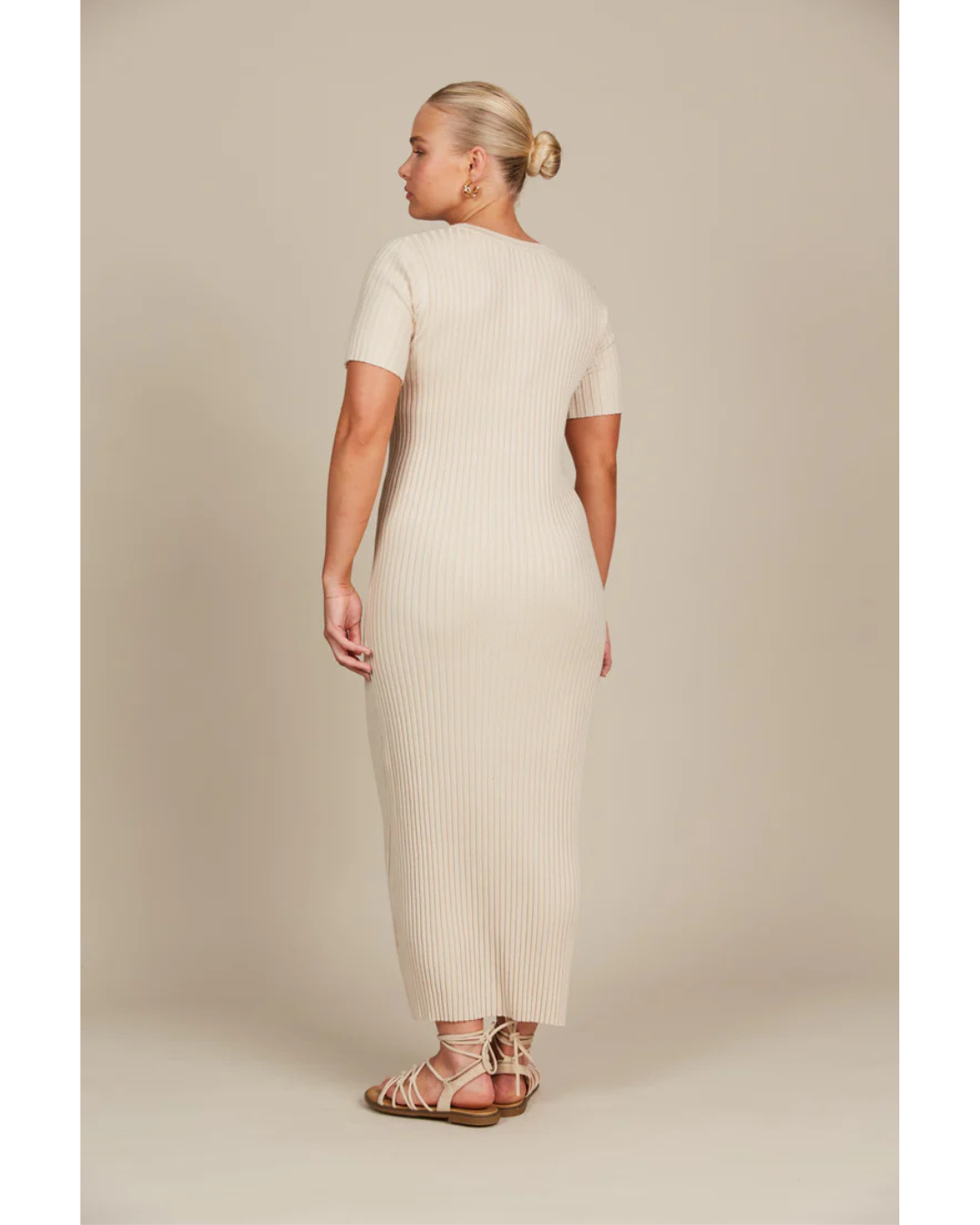Vestido Largo de Manga Corta con Canalé para Mujer