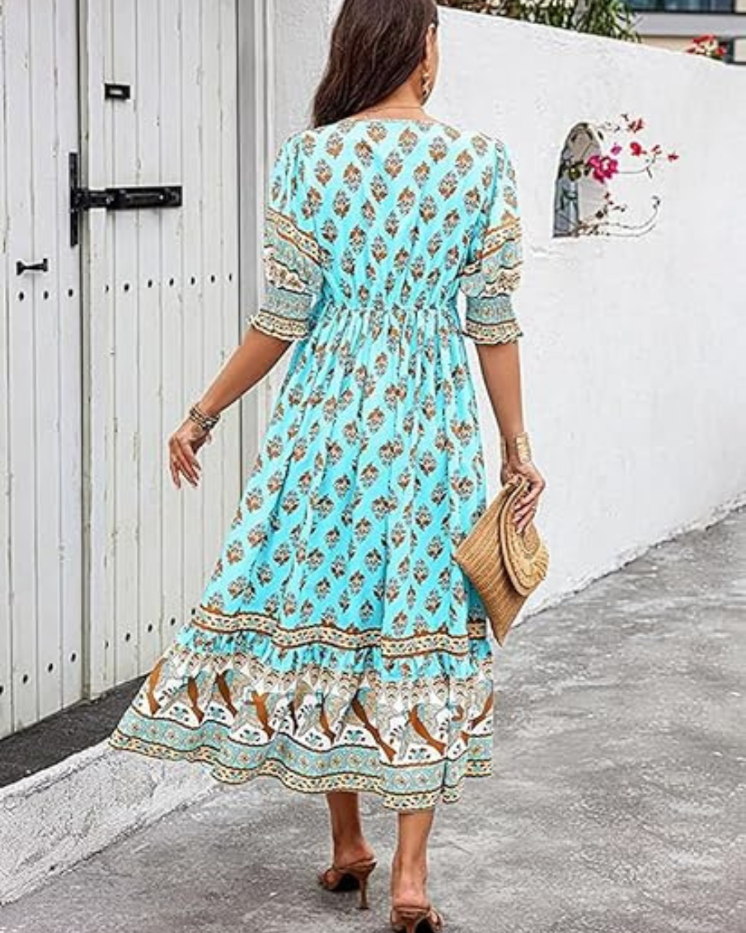 Vestido Holgado Largo con Mangas y Escote en V