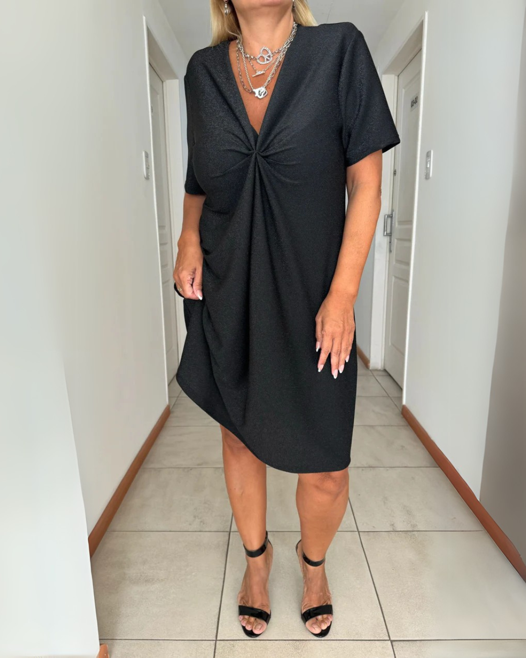 Vestido de Manga Corta con Volantes en el Pecho para Mujer