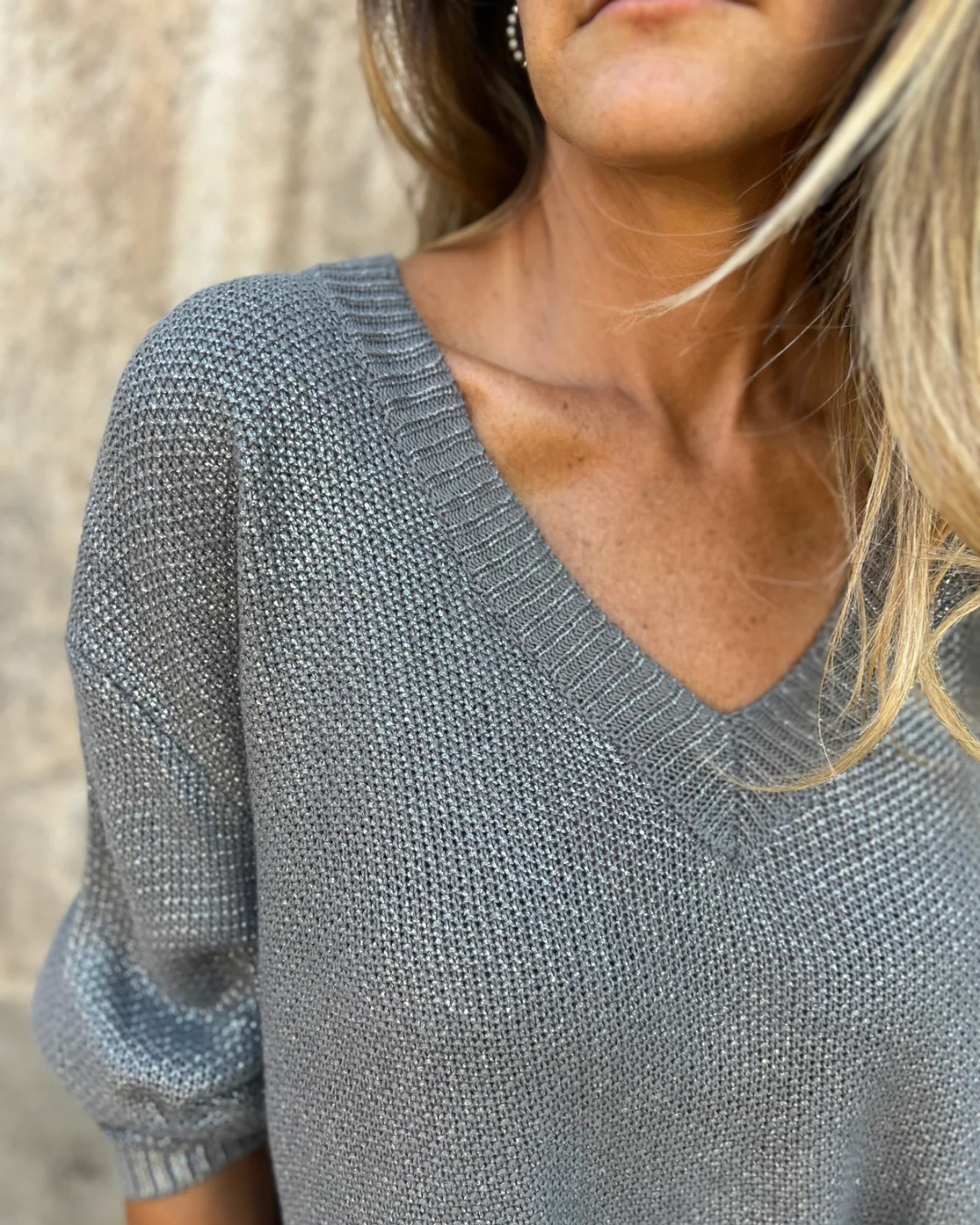 Jersey de Punto Brillante con Cuello en V para Mujer