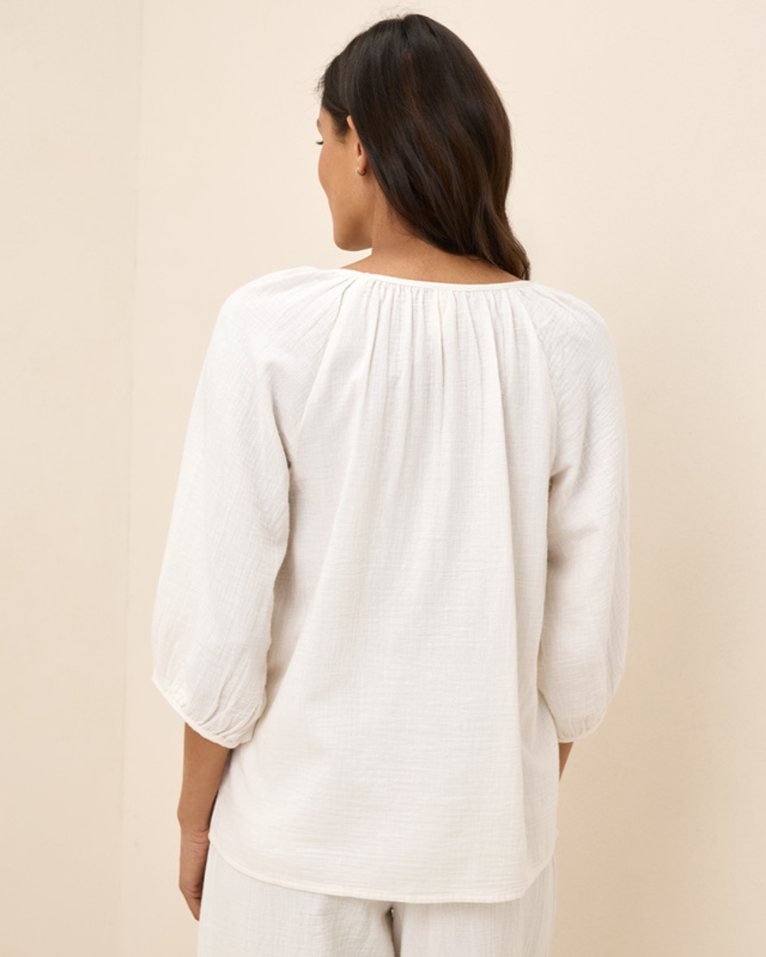 Blusa de Tejido de Doble Gasa y Cuello Redondo Ligera y Natural