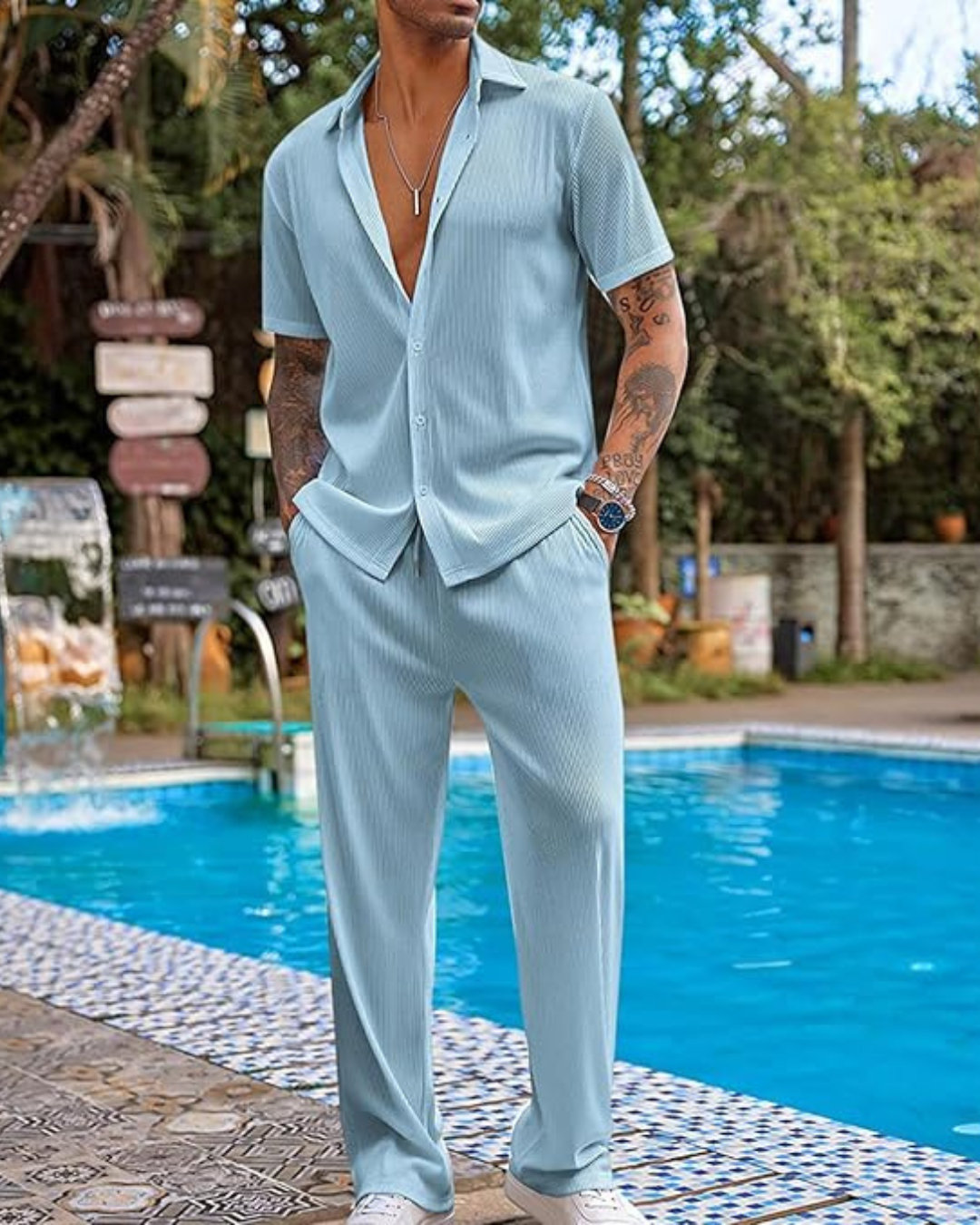Conjunto informal de camisa de manga corta y pantalones para hombre