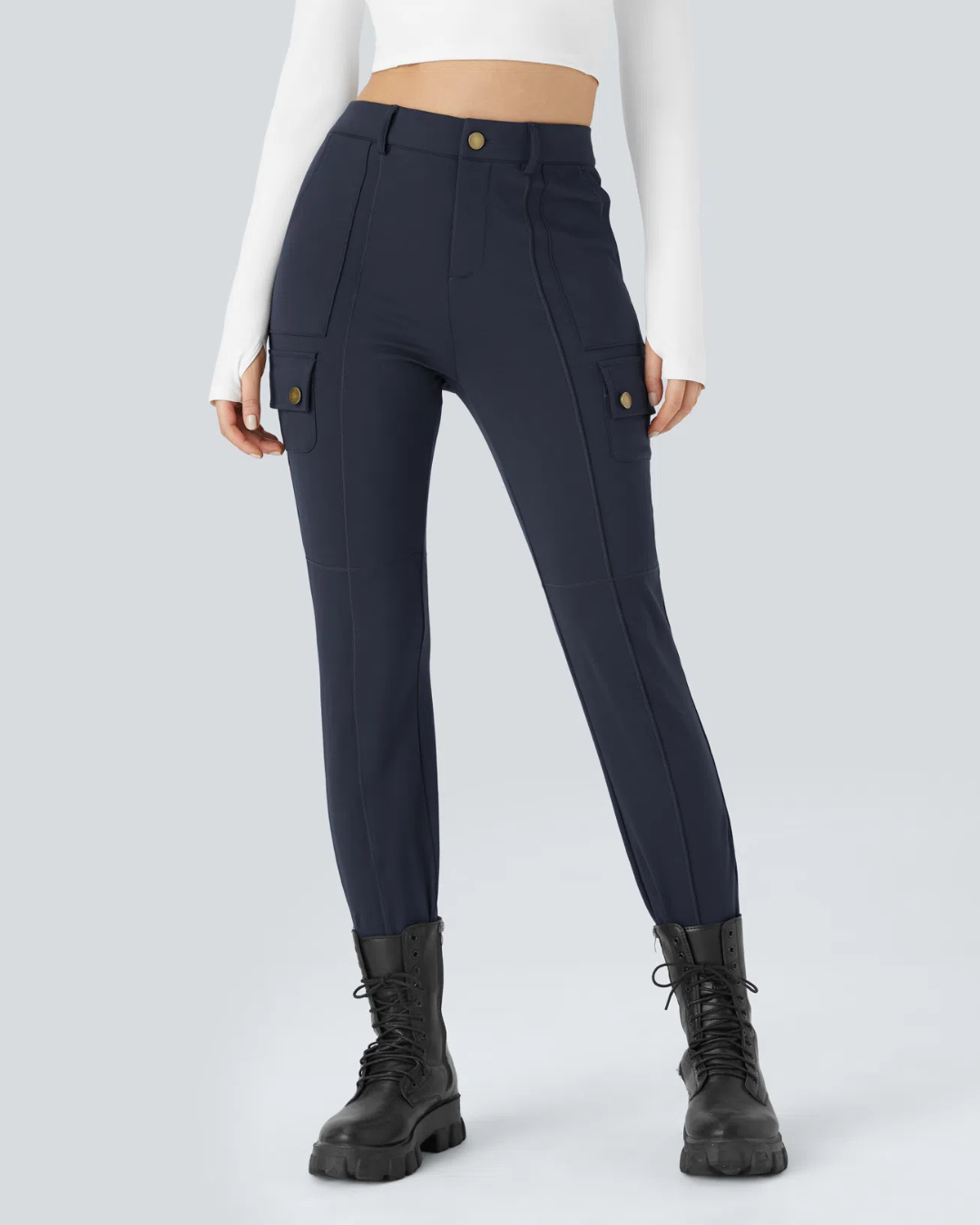 Pantalon Ajustado Plano de Mujer con Cintura Alta y Varios Bolsillos