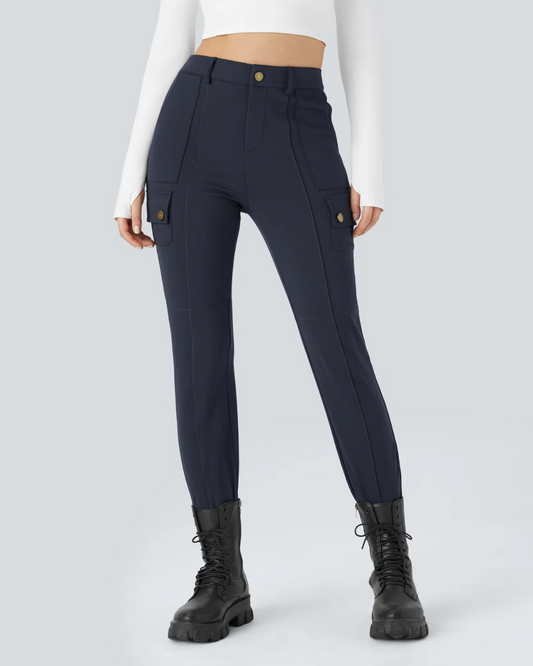 Pantalon Ajustado Plano de Mujer con Cintura Alta y Varios Bolsillos