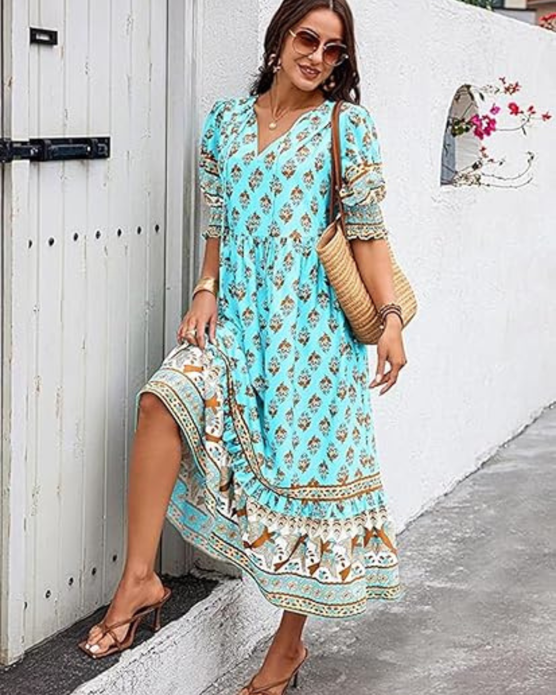 Vestido Holgado Largo con Mangas y Escote en V