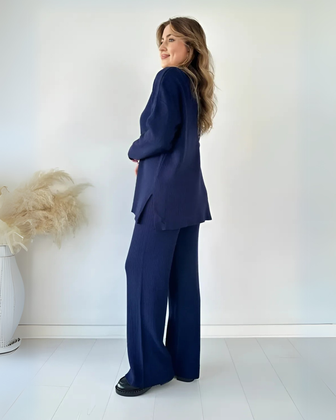 Conjunto de Suéter Informal Holgado de Punto de Manga Larga y Pantalón Ancho