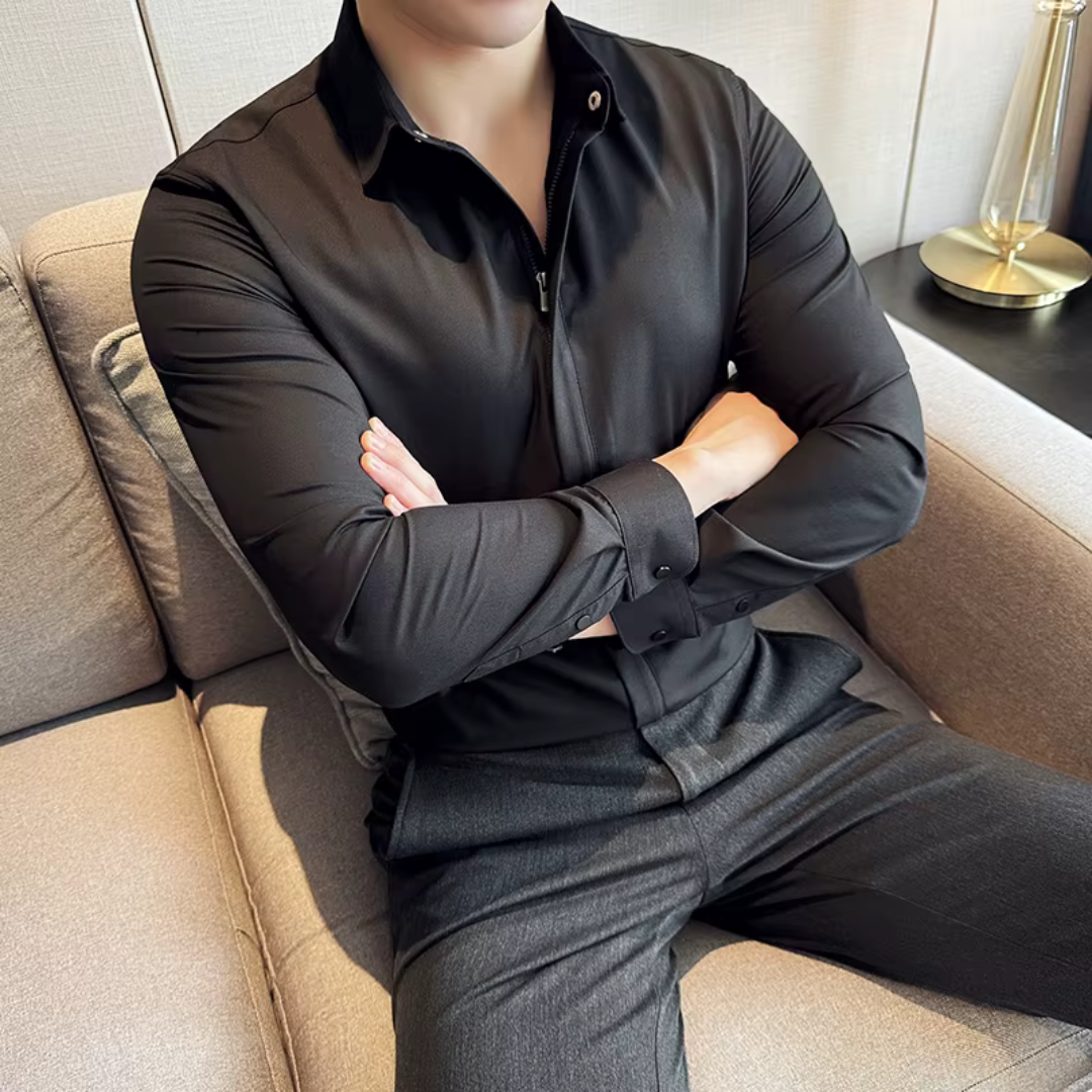 Camisa de Solapa de Color liso para Hombre con Cierre de Cremallera