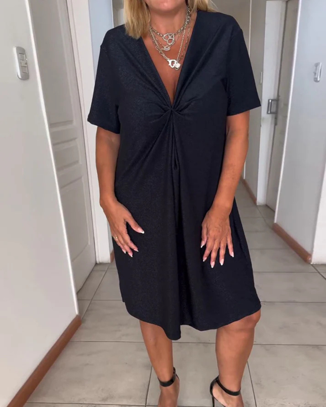 Vestido de Manga Corta con Volantes en el Pecho para Mujer