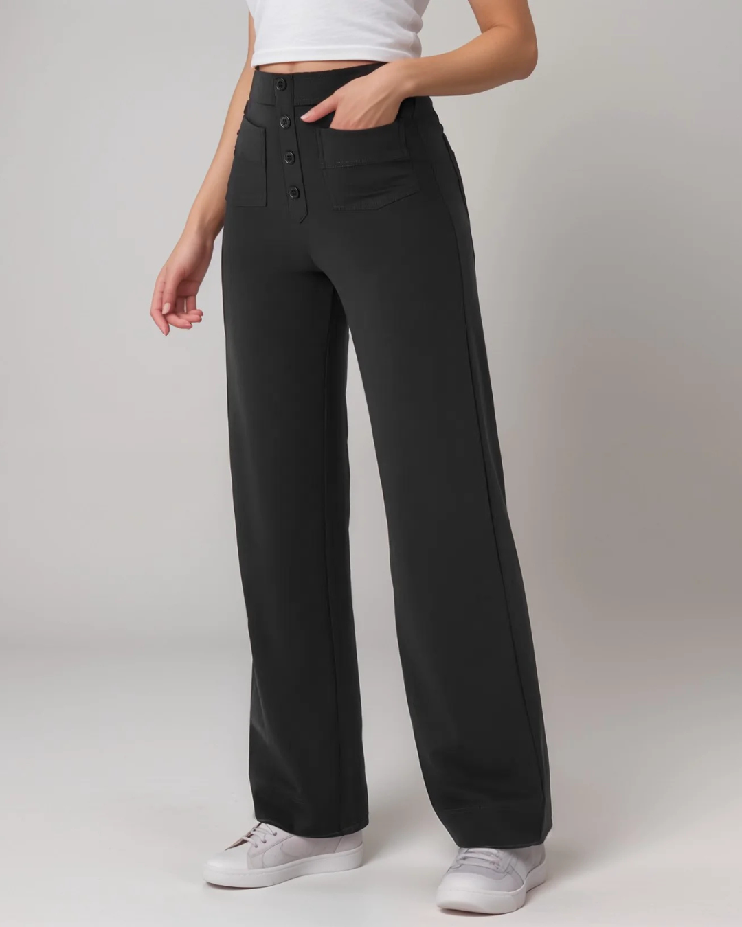 Pantalón Recto de Talle Alto con Botones Decorativos y Bolsillos Delanteros de Estilo Práctico