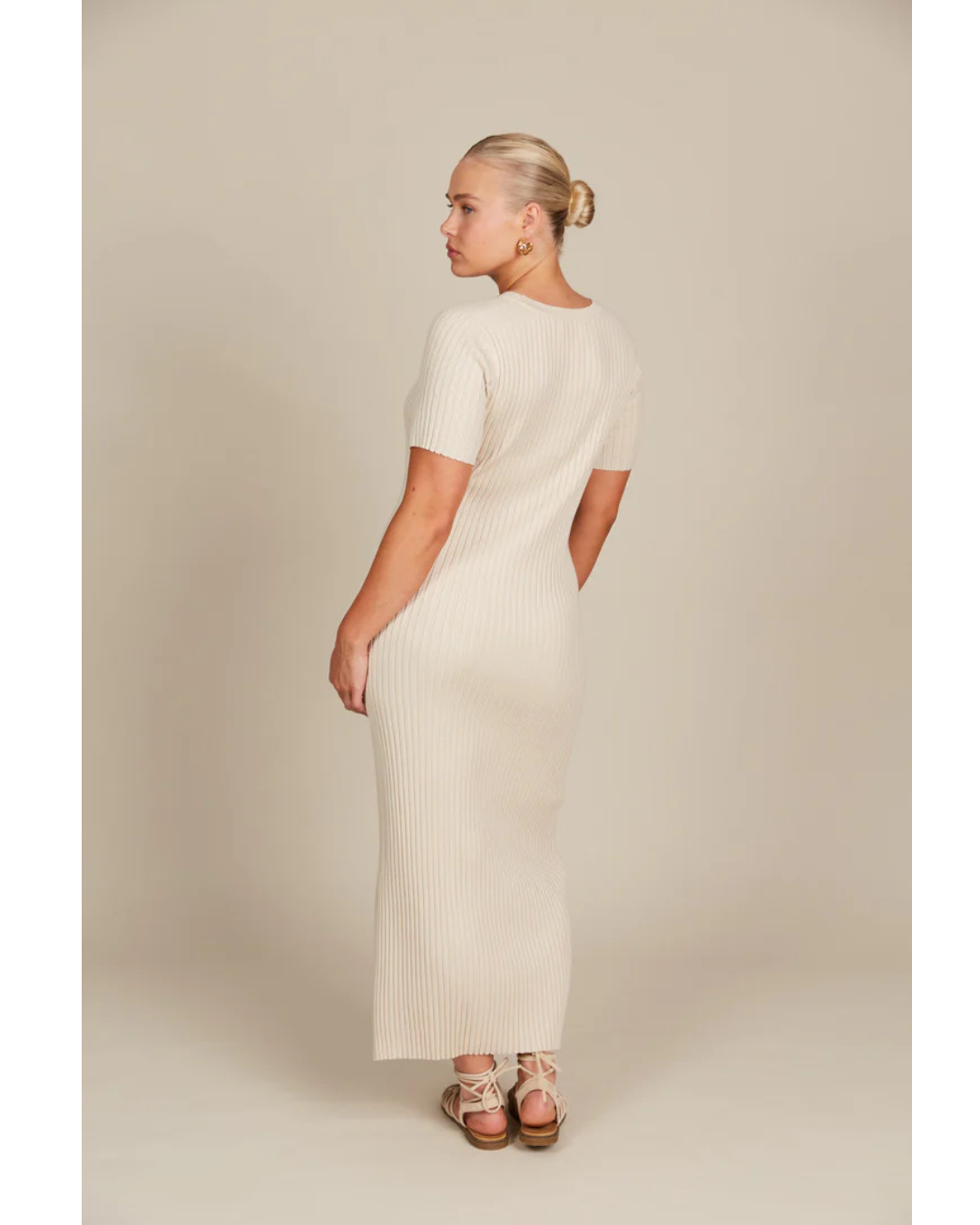 Vestido Largo de Manga Corta con Canalé para Mujer