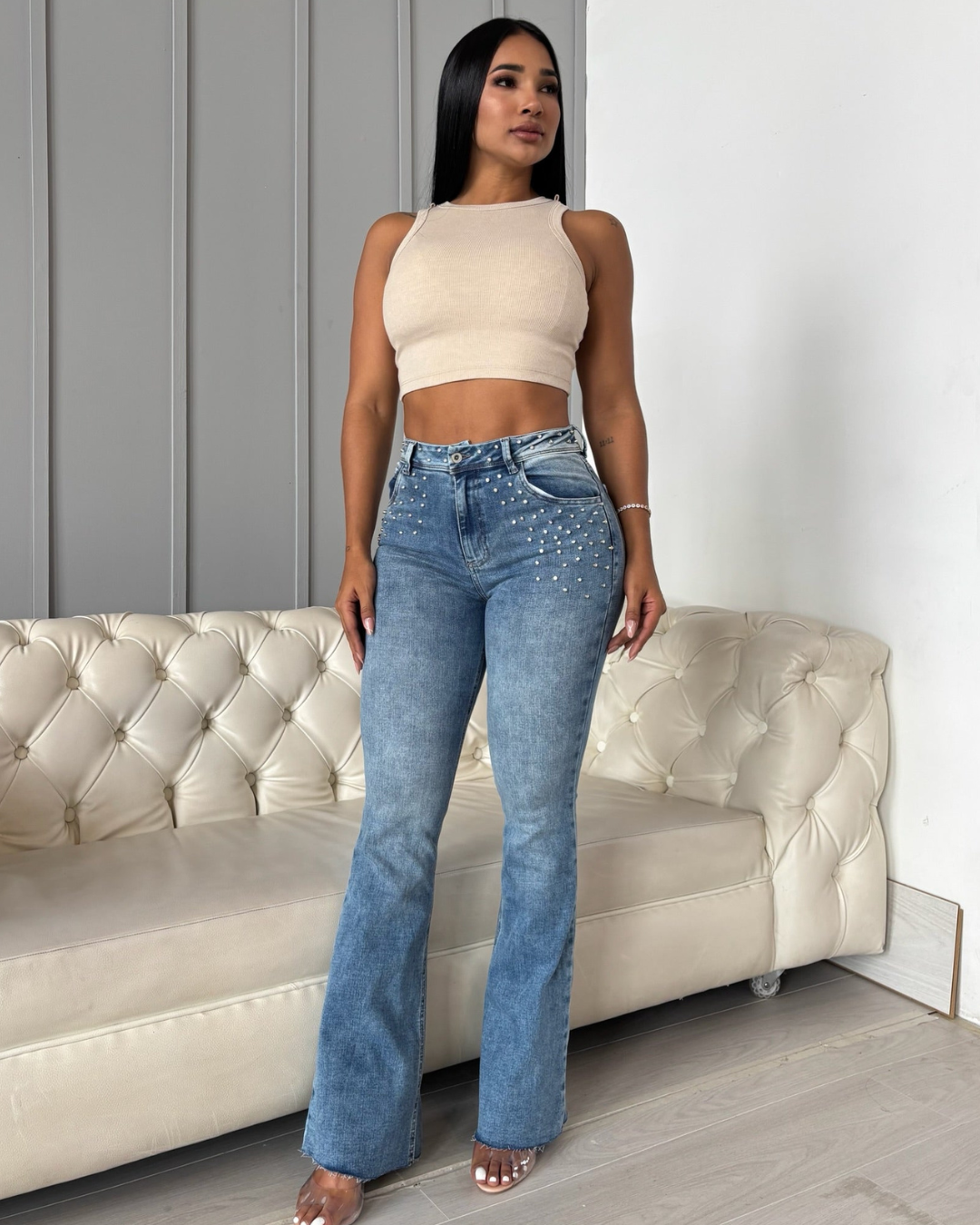 Pantalón de Campana con Detalles de Cristales en los Laterales para Mujer