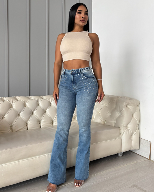 Pantalón de Campana con Detalles de Cristales en los Laterales para Mujer