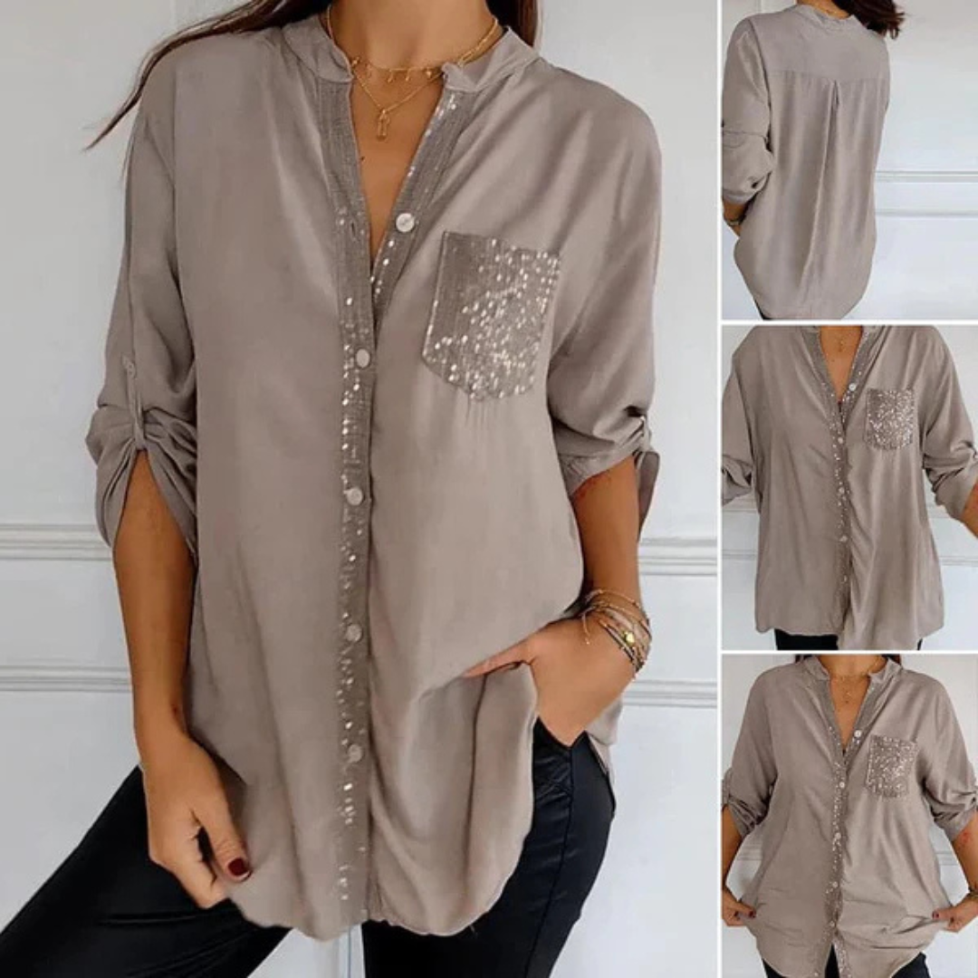 Camisa Casual de Manga Larga para Mujer con Bolsillo y Detalles de Lentejuelas