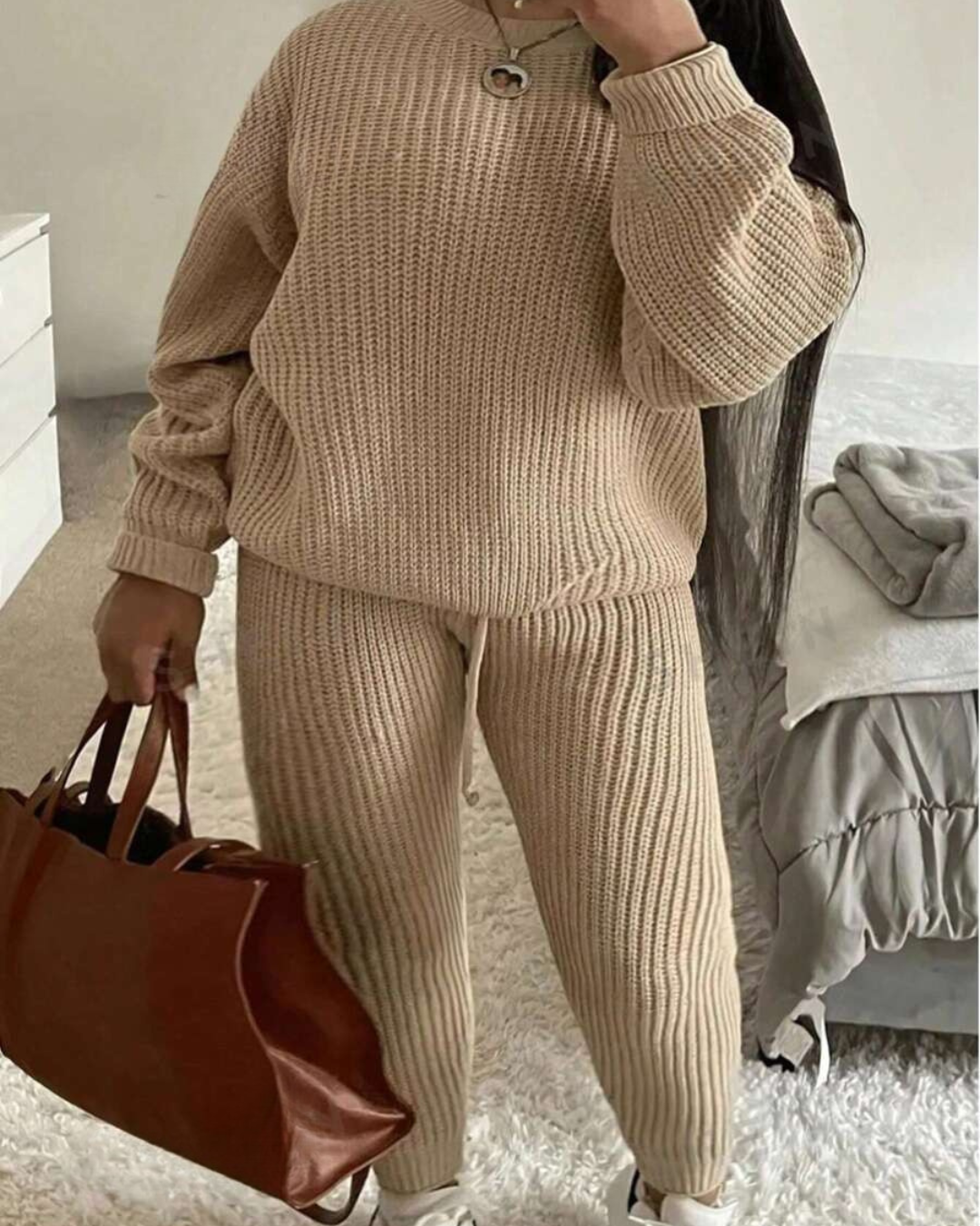 Conjunto Casual de Jersey de Manga Larga con Cuello Redondo y Pantalón Unicolor