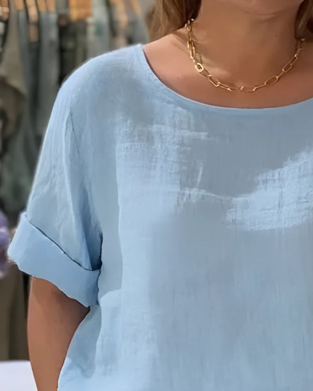 Camisa Informal de Lino con Manga Corta y Doble Costura