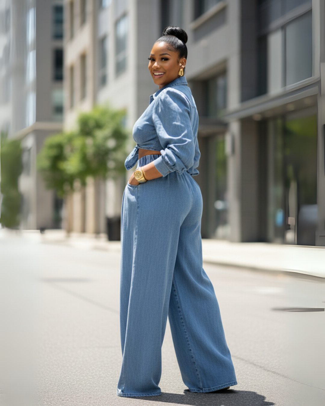 Conjunto formal de mujer con top de manga larga y pantalón ancho