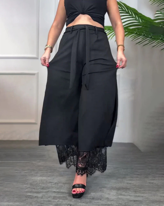 Pantalón ancho con forro de encaje para mujer