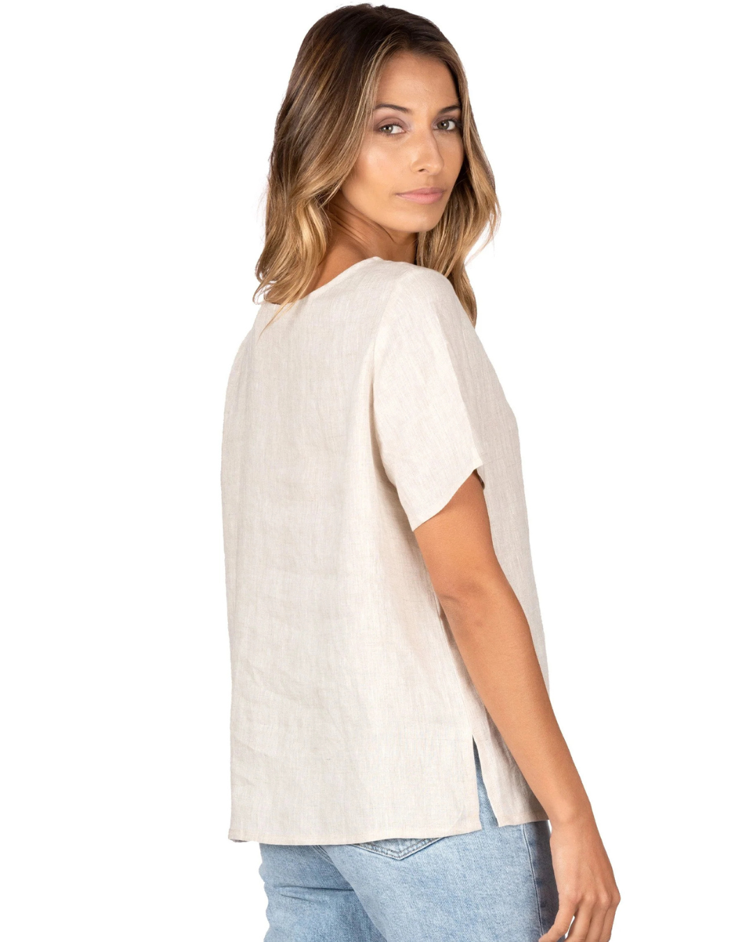 Blusa de Lino con Diseño Holgado y Mangas Cortas