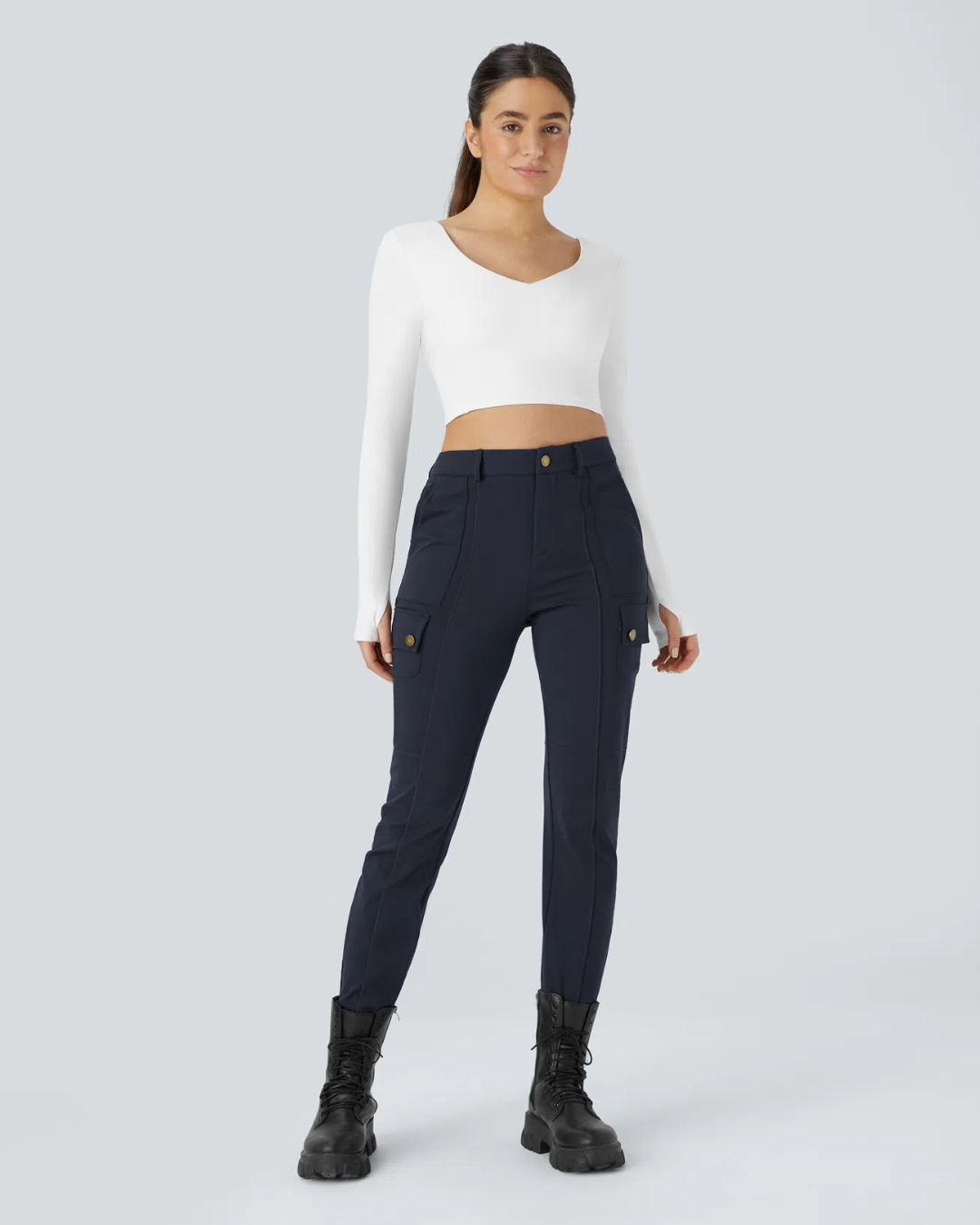 Pantalon Ajustado Plano de Mujer con Cintura Alta y Varios Bolsillos