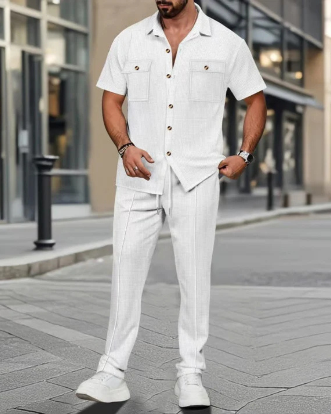 Conjunto informal de dos piezas en algodón y lino para hombre