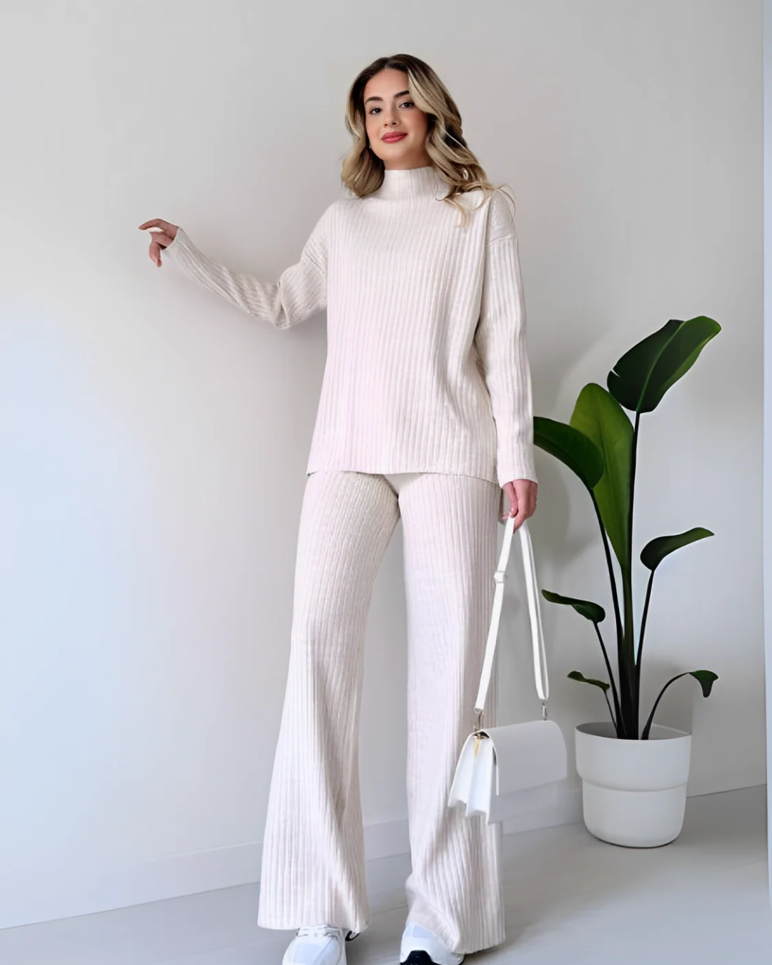 Conjunto Acanalado con Suéter de Cuello Alto y Pantalón Ancho para Mujer