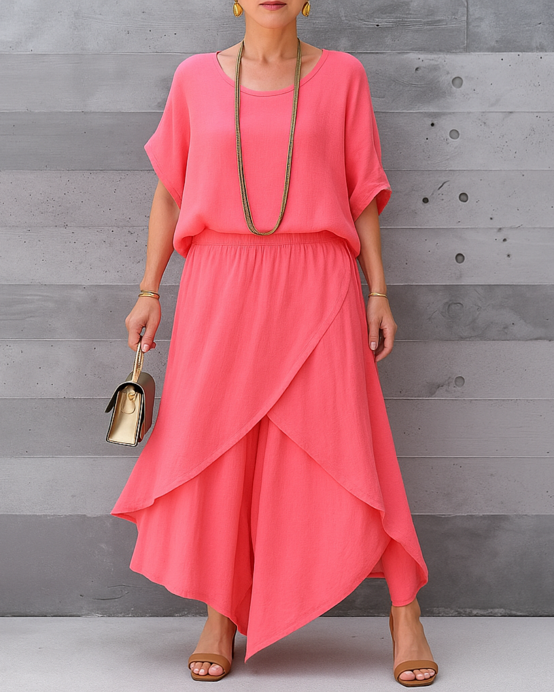 Conjunto de 2 Piezas con Blusa Holgada y Pantalón Ancho con Abertura