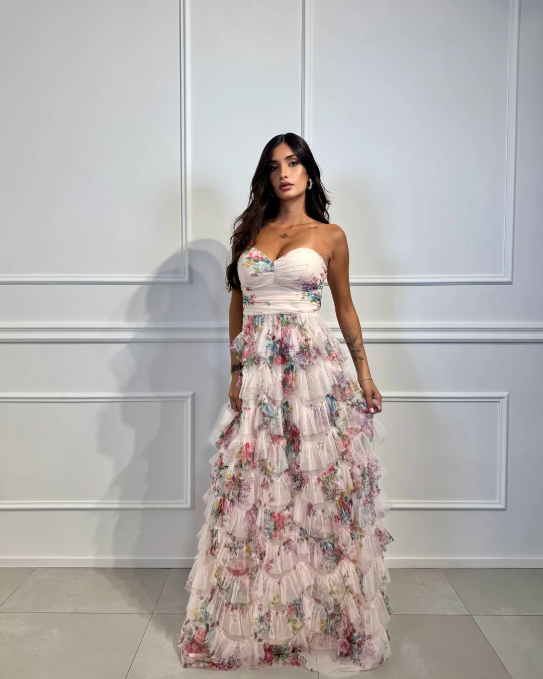 Vestido Largo Escalonado sin Tirantes