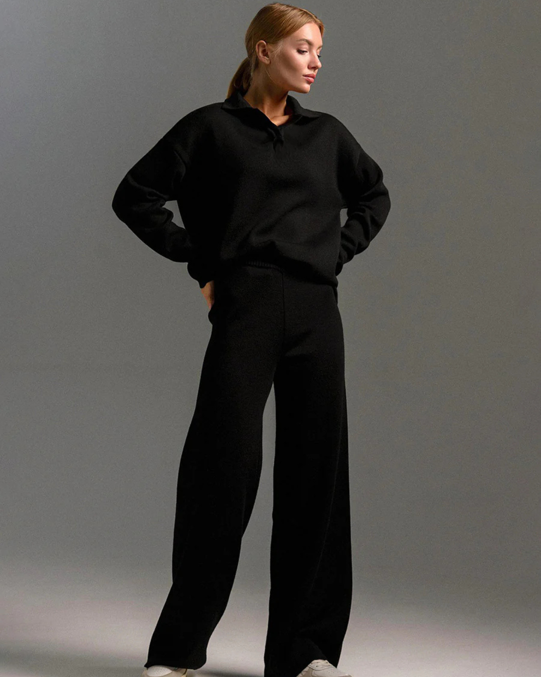 Conjunto de 2 Piezas para Mujer, Sudadera con Cuello de Polo y Pantalón de Pierna Ancha