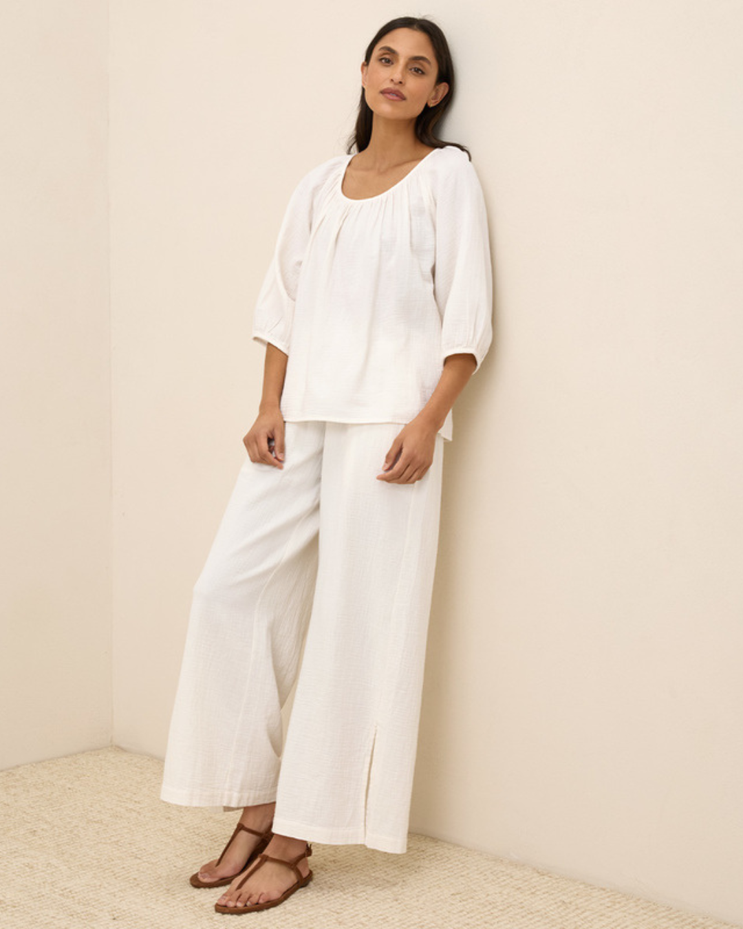 Blusa de Tejido de Doble Gasa y Cuello Redondo Ligera y Natural